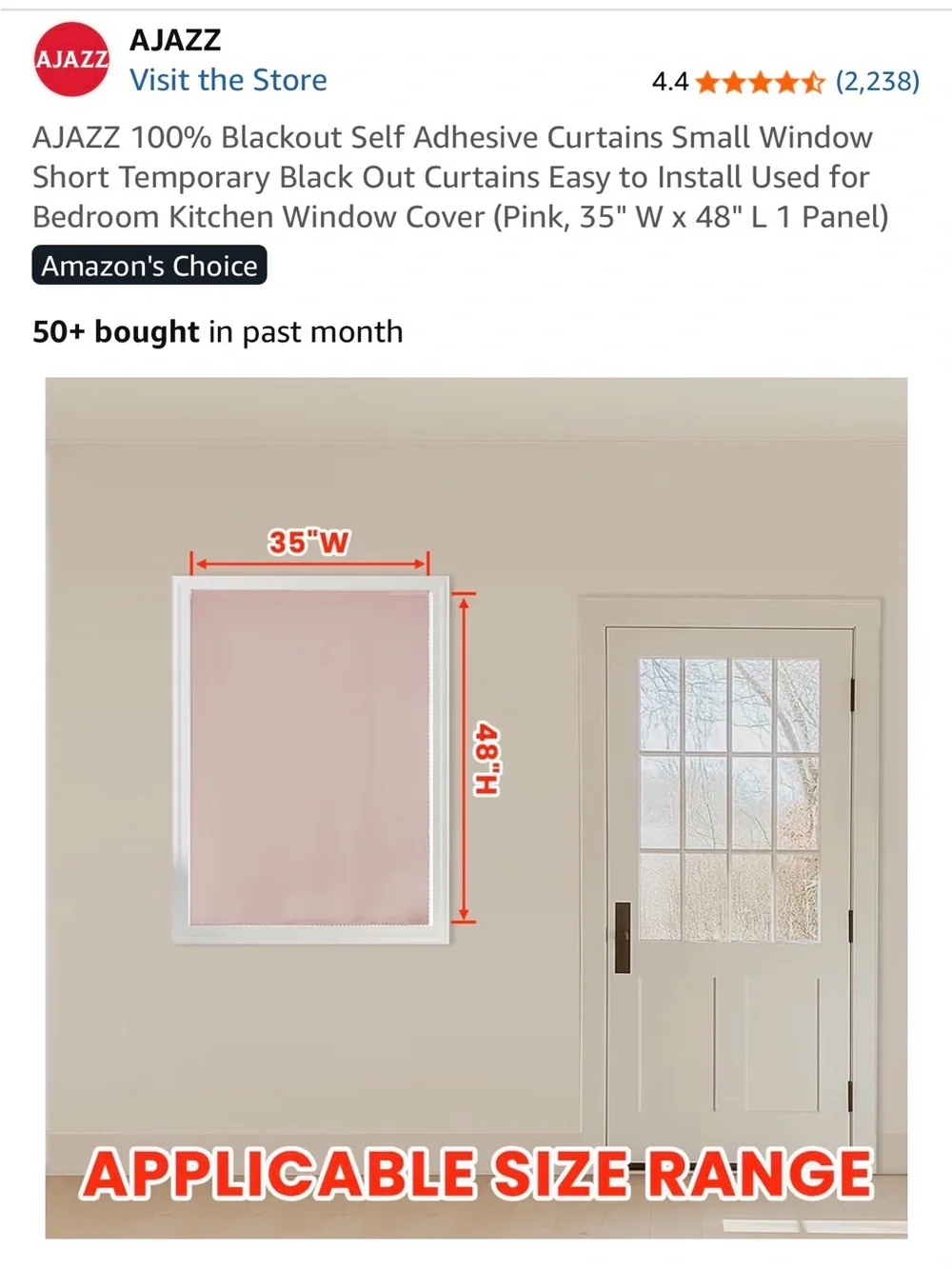 Pink Blackout Self-Adhesive Window Curtain Panel
